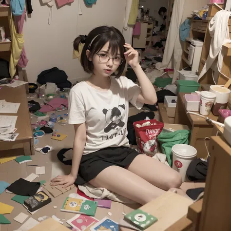 (8K、Raw photography、Top image quality、​masterpiece、:1.2)、(realisitic、Photorealsitic:1.37)、女の子1人、独奏、(Sitting on the garbage in an incredibly dirty room、Cute Japan girl operating smartphone:1.4)、Anime Otaku Girls、A dark-haired、short-hair、dishevled hair、Unkem...