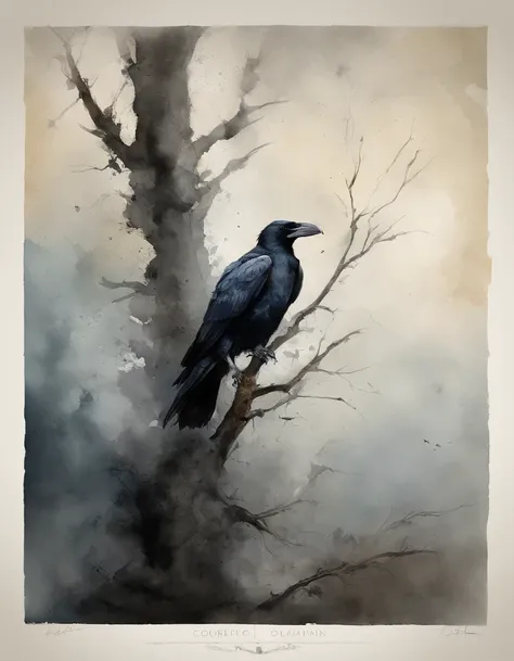 Two crows in a dead tree, Uma sombra em Forma de andador, noite estrelada, Thick fog on the ground, Luz azul no horizonte, Motor Unreal 5, cinemactic, Low-angle photography, motion blur, profundidade de campo, dust, Cobblestones and dirt. Arte Splash, ping...