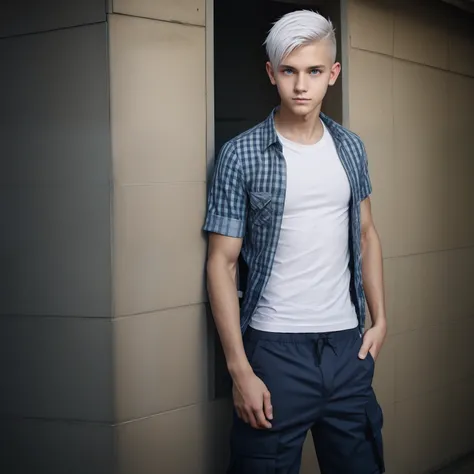 Teen male posing, downed cargo pants, skinny body, atmospheric, cute face, white hair, dead inside, plaid shirt, shy, undercut