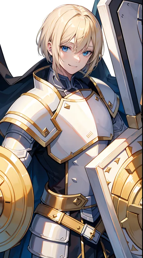 adult man, Blonde hair in a bob, blue eyes, Smile, Beautiful white armor with gold elements, paladin, hammer, shield, Masterpiece, hiquality, 4k, HD, Good detail