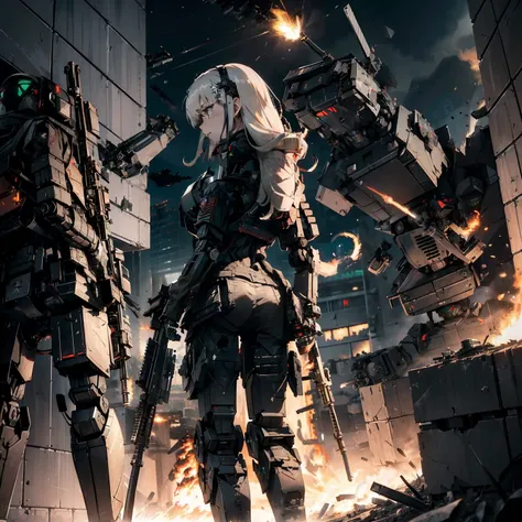 (assault rifle:1.4)、(((Fire assault rifles to destroy military robots:1.4)))、(1 Female soldier with a healthy body)、独奏:1.4、(Black combat uniform)、(platinum-blonde-hair:1.2)、Have multiple weapons、rubble、((超A high resolution))、Detail Write、​masterpiece、top-q...