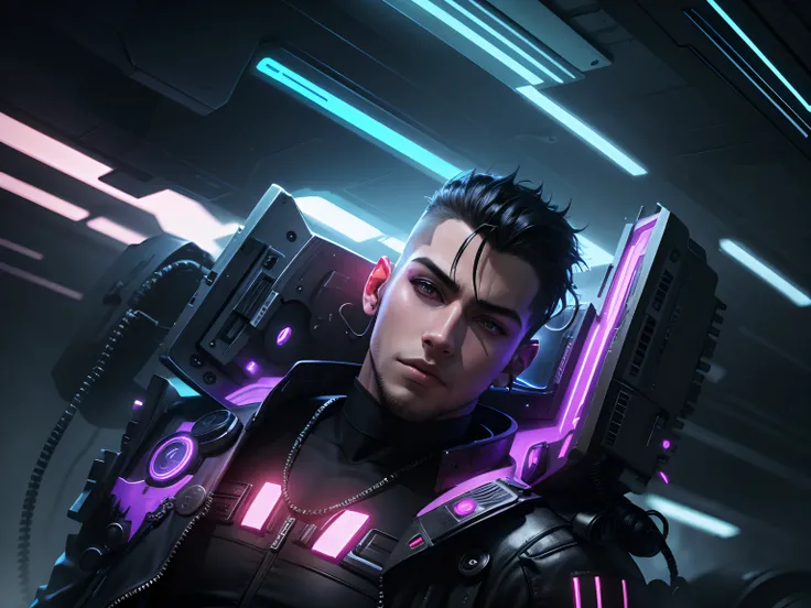 Change background cyberpunk handsome boy realistic, ultra realistic.