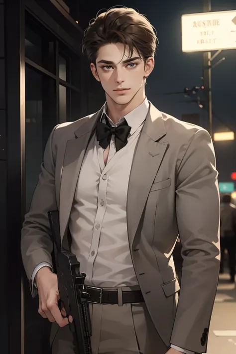 masterpiece, best quality, realistic, 1man, mature male, quiet and charming young man, 25 years old, close his eyes, serious look, extremely detailed face, ((dark grey eyes)), ((short-right-swept dark brown hair)), [thick eyebrows], detective, in the city,...