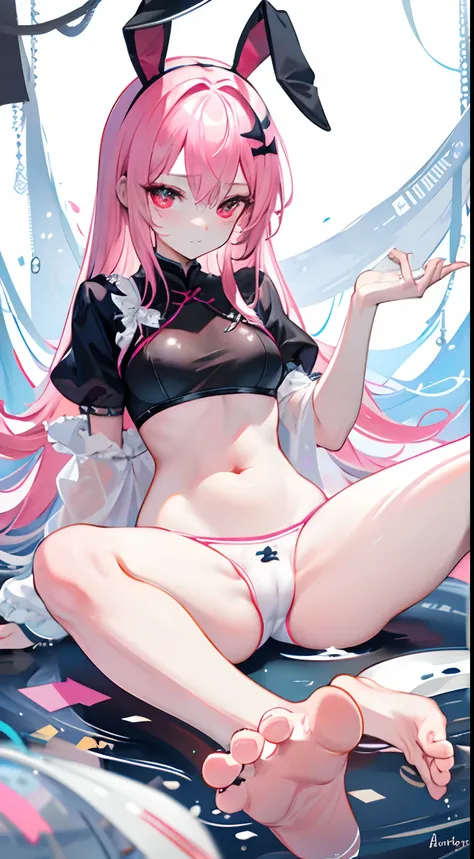 opening legs，Bunny ears，No underwear， the feet，is shy，sitted， Feet，Exposed genitals，clear liquid，Bigchest，Black fully transparent panties，soaking wet，A pink-haired，Hold your thighs from behind with your hands，Emotive expressions，Ambiguous，taunt，on cheongsa...