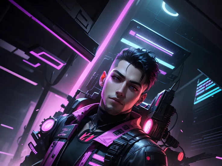 Change background cyberpunk handsome boy realistic, ultra realistic.