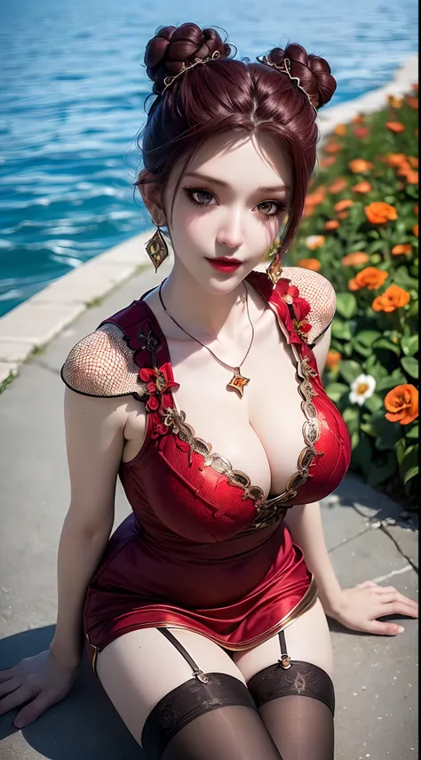 1 beautiful and sexy 20 year old girl, ((wearing a discreet short black dress with black and red lace trim:1.6)), (((Very beautiful and sharp patterns on the shirt:1.6))), ((Red brown hair:1.6)), ((hair bun on both sides:1.6)), elaborate jewelry made from ...