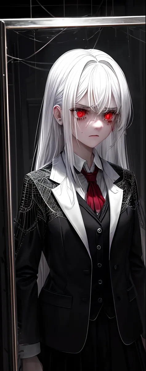 1girll, White hair, Red eyes, (teens girl_Shot:1.2), Face focus, Long hair, side locks,Collapsed crying，Extreme panic，After being violated ，Scared,(terrified:1.1) expression, Place one hand behind your back, Atmospheric lighting, Moody, Darkness, In an aba...