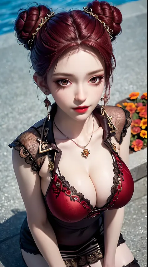 1 beautiful and sexy 20 year old girl, ((wearing a discreet short black dress with black and red lace trim:1.6)), (((Very beautiful and sharp patterns on the shirt:1.6))), ((Red brown hair:1.6)), ((hair bun on both sides:1.6)), elaborate jewelry made from ...