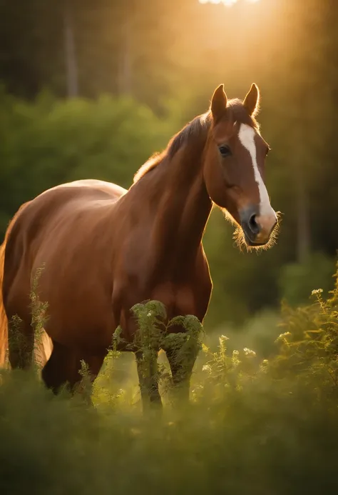 Portrait of a "Create a vivid, picturesque scene that captures the ethereal beauty of a magnificent Mustang horse standing proudly in a lush, serene forest clearing. The golden rays of a gentle dawn sun filter through the dense canopy of towering, ancient ...