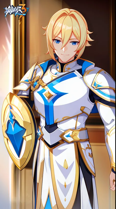 adult man, Blonde hair in a bob, blue eyes, Smile, Beautiful white armor with gold elements, paladin, hammer, shield, Masterpiece, hiquality, 4k, HD, Good detail