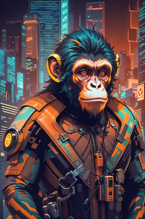 (bright colors,vector style:1.2),detailed, futuristic monkey, cyberpunk planet of the apes,t-shirt, futuristic clothing,3D anime style image, high quality,detailed monkey face,advanced technology, vibrant colors, metallic textures, urban setting, neon ligh...