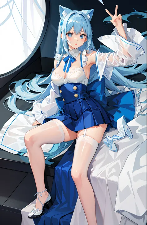 8K，ultraclear，JK，校服，Very short pleated skirt，Japanese manga style，Pure white lace translucent dress，Moist clothes，Stockings reflective，Hair without ribbons，Light blue feet naked lace-up heels，Underwear moist strengthened，Stockings reflect reinforcement，Lew...