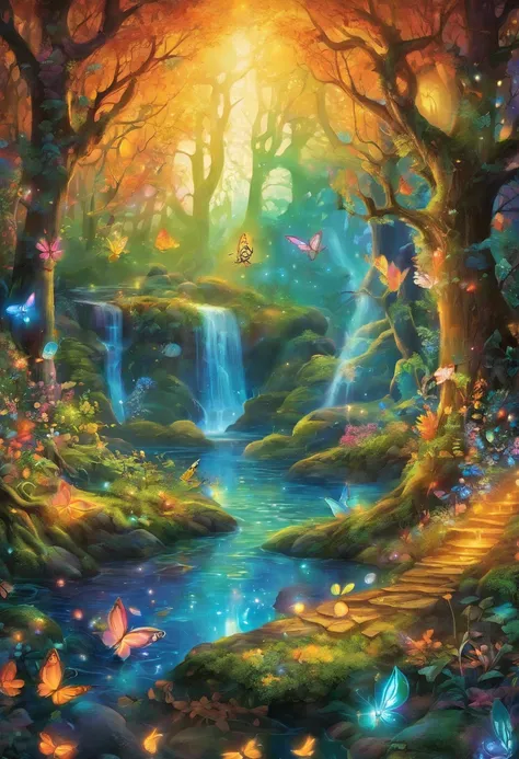 Whimsical forest,autumn colors,fairy goddess,blue glowing spells,fantasy colors,enchanted trees,sparkling mist,magical creatures,ethereal atmosphere,mystical ambiance,magic in the air,enchanted forest floor,magical light rays,twinkling fairy dust,whisperin...