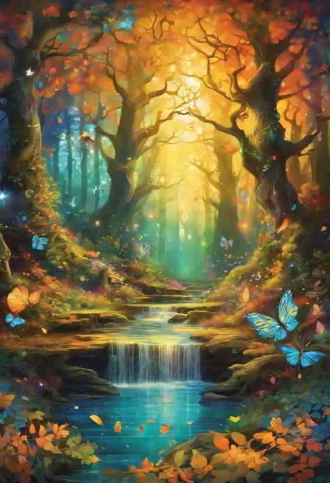 Whimsical forest,autumn colors,fairy goddess,blue glowing spells,fantasy colors,enchanted trees,sparkling mist,magical creatures,ethereal atmosphere,mystical ambiance,magic in the air,enchanted forest floor,magical light rays,twinkling fairy dust,whisperin...