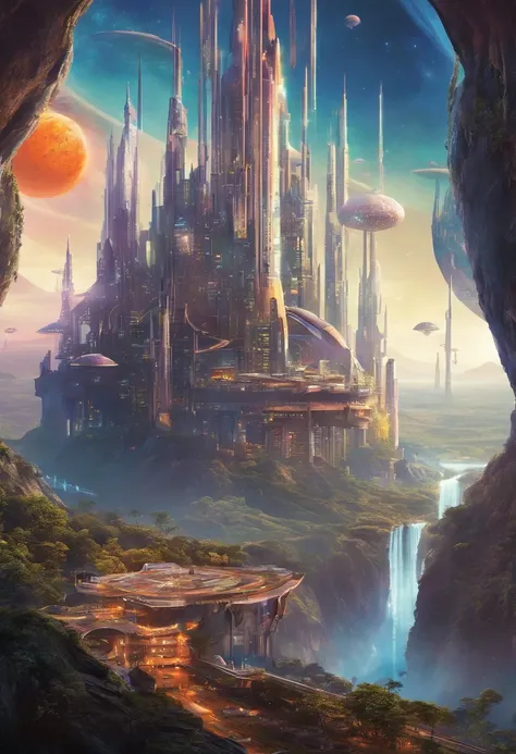 A futuristic science fiction world, this huge castle in space has no concept of up or down. An upside-down castle, a space fortress, a space port, a giant cluster of antennas, (Best quality), (masterpiece:1.3),