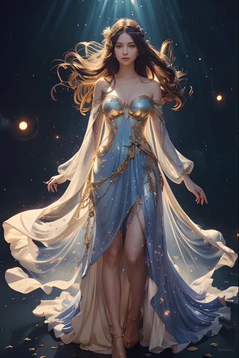 Medium body shot of beautiful  white mermaid in blue and gold armour style suit, no mask on, golden bioluminescence cape, big clevage, looking at center camera, perfect composition, beautiful detailed intricate insanely detailed octane render trending on a...