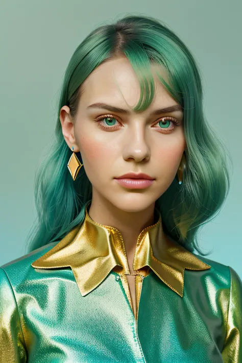 a young woman on a green background, in the style of carl kleiner, buckminster fuller, loretta lux, high quality photo, wavy resin sheets, gold and cyan, digital symmetry，medium shot