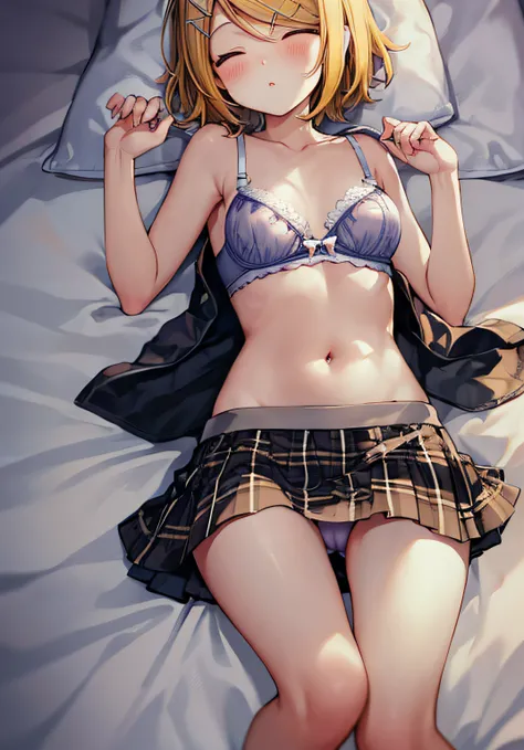 ​masterpiece、Top image quality、超A high resolution、nsfw、Kagamine Rin in elementary school students、Childrens Kagamine Rin、Young Kagamine Rin、Short hair、closing eye、Blushing、Embarrassing appearance、small tit、White shirt with open chest、Junior Bra、Put your ha...