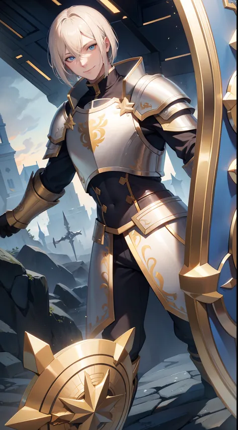 adult man, Blonde hair in a bob, blue eyes, Smile, Beautiful white armor with gold elements, paladin, hammer, shield, Masterpiece, hiquality, 4k, HD, Good detail