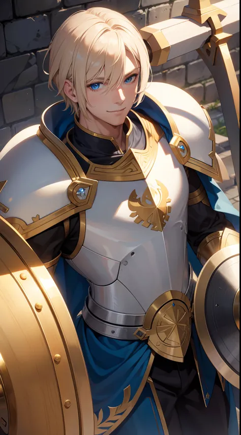 adult man, Blonde hair in a bob, blue eyes, Smile, Beautiful white armor with gold elements, paladin, hammer, shield, Masterpiece, hiquality, 4k, HD, Good detail