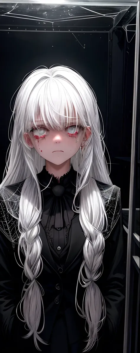 1girll, White hair, White eyes, (teens girl_Shot:1.2), Face focus, Long hair, side locks,Collapsed crying，Extreme panic，After being violated ，Scared,(terrified:1.1) expression, Place one hand behind your back, Atmospheric lighting, Moody, Darkness, In an a...