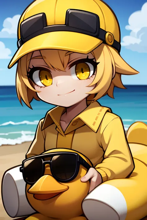 rubber duck, yellow, wearing cap, wearing sunglasses, looking at viewer