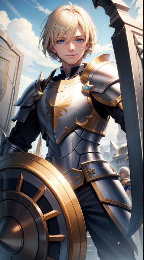 adult man, Blonde hair in a bob, blue eyes, Smile, Beautiful white armor with gold elements, paladin, hammer, shield, Masterpiece, hiquality, 4k, HD, Good detail