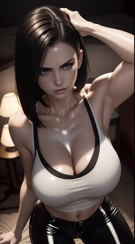 Photorealistic Image of Gorgeous British Female Vampire with Athletic Body, (Shoulder-level Bob Black Hair), (One Person), (Black V-Neck Tanktop and Black Tight Pants:1.4), (Pale Skin:1.4), (Busty Cup Size:1.4), (Detailed Shiny and Sweaty Appearance:1.4), ...