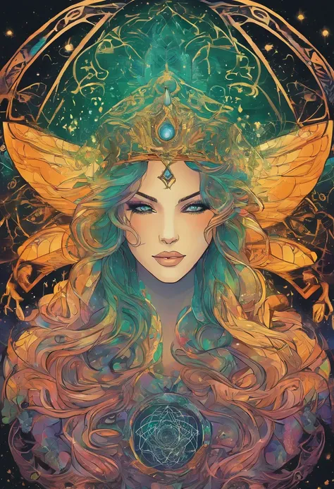 A witch goddess with flowing hair and a glowing halo floating above her head, casting powerful and mesmerizing spells. She has piercing green eyes that are filled with ancient wisdom and a mischievous smile on her lips. Her skin radiates with a golden glow...