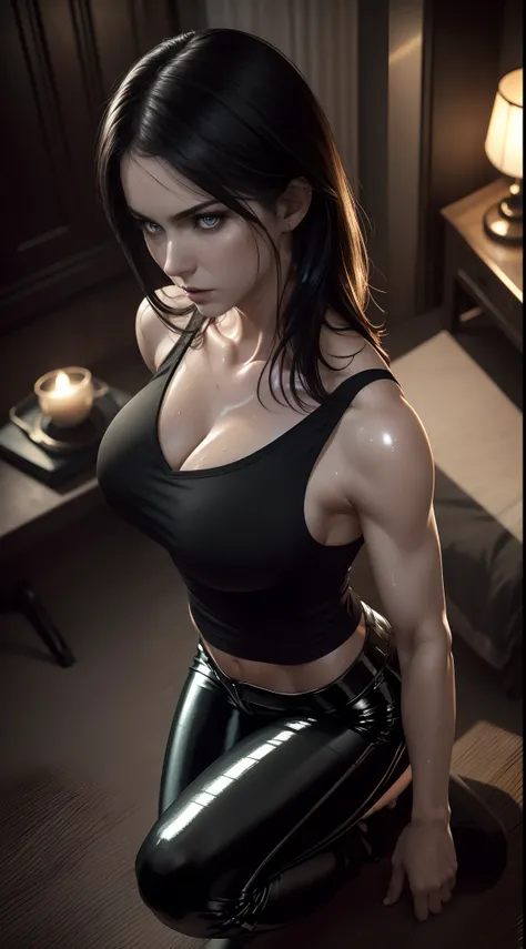 Photorealistic Image of Gorgeous British Female Vampire with Athletic Body, (Shoulder-level Bob Black Hair), (One Person), (Black V-Neck Tanktop and Black Tight Pants:1.4), (Pale Skin:1.4), (Busty Cup Size:1.4), (Detailed Shiny and Sweaty Appearance:1.4), ...