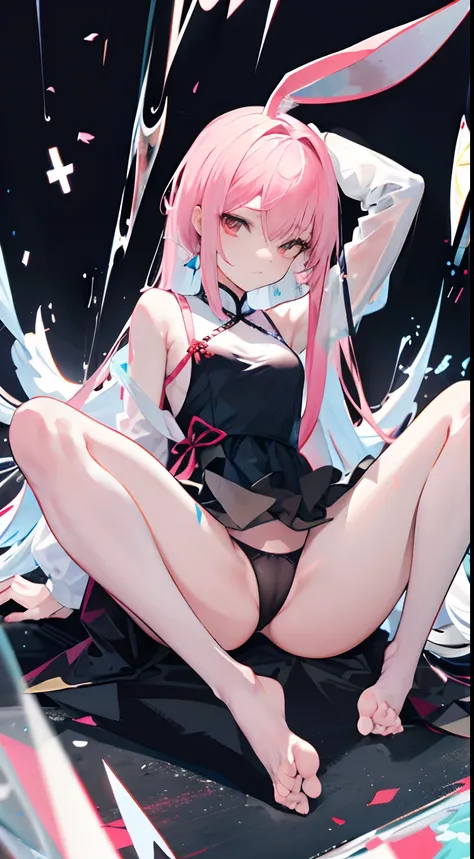 opening legs，Bunny ears，No underwear， the feet，is shy，sitted， Feet，Exposed genitals，clear liquid，Bigchest，Black fully transparent panties，soaking wet，A pink-haired，Hold your thighs from behind with your hands，Emotive expressions，Ambiguous，taunt，on cheongsa...