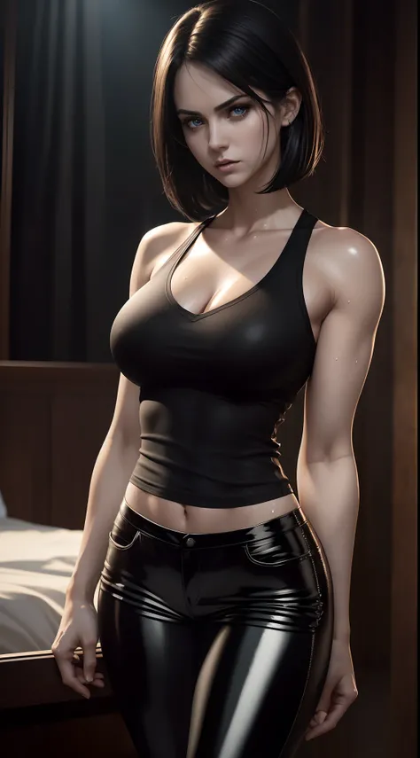 Photorealistic Image of Gorgeous British Female Vampire with Athletic Body, (Shoulder-level Bob Black Hair), (One Person), (Black V-Neck Tanktop and Black Tight Pants:1.4), (Pale Skin:1.4), (Busty Cup Size:1.4), (Detailed Shiny and Sweaty Appearance:1.4), ...