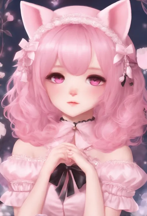 Pink hair，Cat ears，Pink eyes，Light pink Lolita，black over-the-knee socks，pink bows，nakeness，Shy face