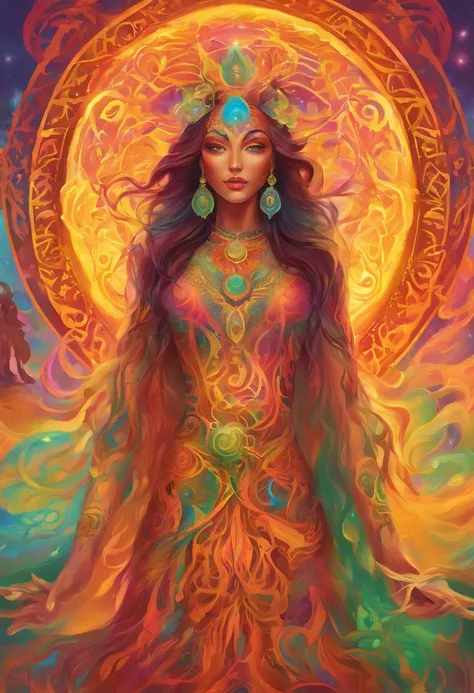 A witch goddess with flowing hair and a glowing halo floating above her head, casting powerful and mesmerizing spells. She has piercing green eyes that are filled with ancient wisdom and a mischievous smile on her lips. Her skin radiates with a golden glow...