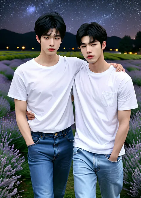 (closeup shot of) masterpiece, best quality, dreamy night(dam moonlight and the starry sky), (( Two boys, two males)),  (white T-shirt and jeans pants) realistic 1.4, golden ratio, night view setting, korea boy,( korean idol face) face detailed, black hair...