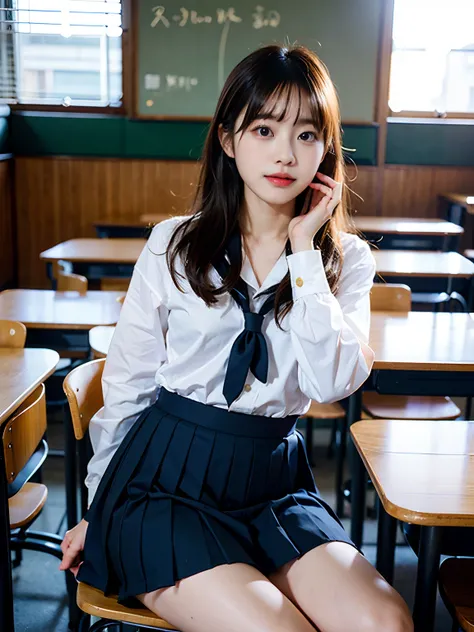 arafly dressed woman sitting on a chair in a school uniform, korean girl, jaeyeon nam, captured on canon eos r 6, sailor uniform...