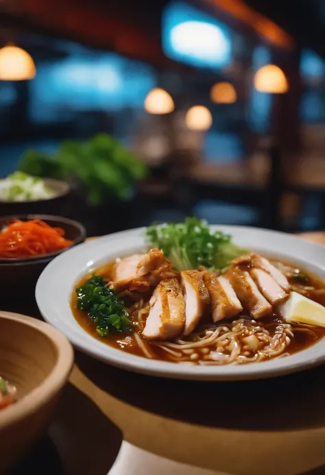 Shoi ramen with Chicken, salt, fish, vegetable, or pork stock, photograpic shot, with different table background style, with smoking, neon style