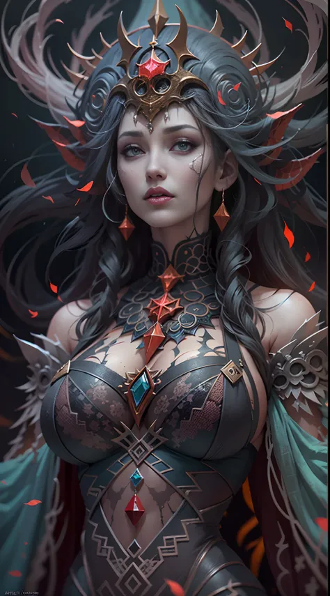 Satanic priestess Concept art portrait by Angelina Jolie,gigantic breasts, Olga Kvasha, Miho Hirano, hyperdetailed intricately detailed gothic art trending on Artstation triadic colors, textured skin, cold skin pores, Unreal Engine 5 detailed matte paintin...