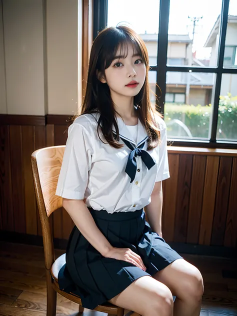 arafly dressed woman sitting on a chair in a school uniform, a picture inspired by Kim Jeong-hui, tumblr, shin hanga, korean girl, jaeyeon nam, captured on canon eos r 6, sailor uniform, cute schoolgirl, a hyperrealistic schoolgirl, taken with canon 5d mk4...