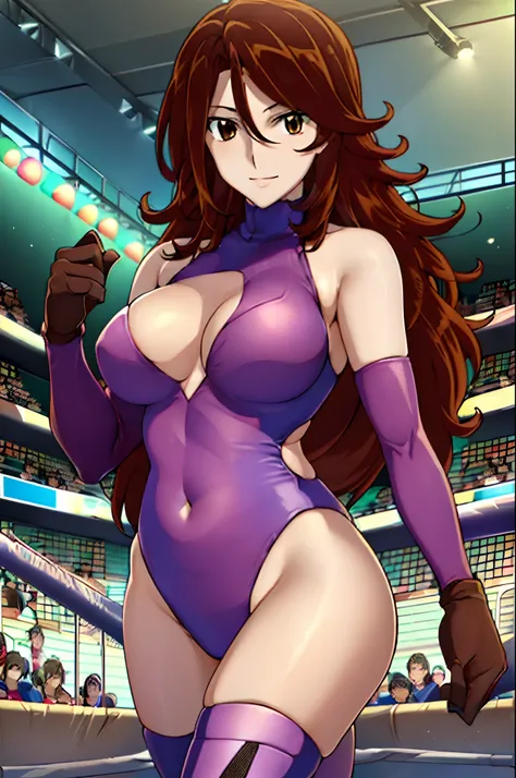 cowboy shot, anime style: 1.8, anime drawing, ultra detailed face, ultra detailed body, 4k, Sumergai Lee Noriega, best quality, anime style, hires, highest definition, digital blending, bold drawing lines, ((slender body, female wrestler), (location: wrest...