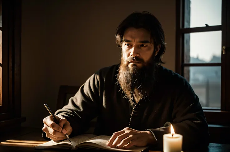 Once upon a time I was the old scribe ((alone)) with a beard writing, the room must have had little light lit by candles. Near the writer there is a window that lets in the evening light. The expression of sadness,some parts with rust. DSLR, grainy, cinema...