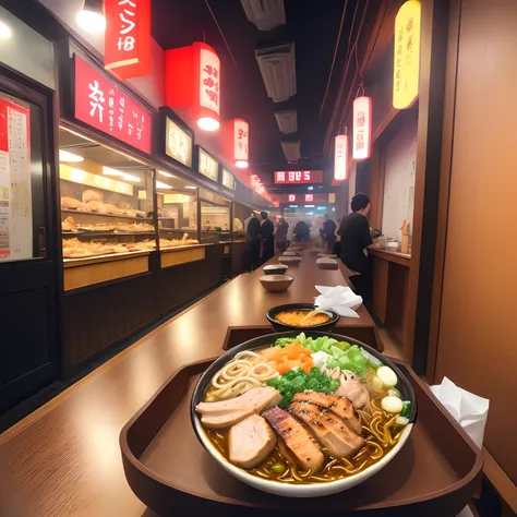 Shoi ramen with Chicken, salt, fish, vegetable, or pork stock, photograpic shot, with different table background style, with smoking, neon style