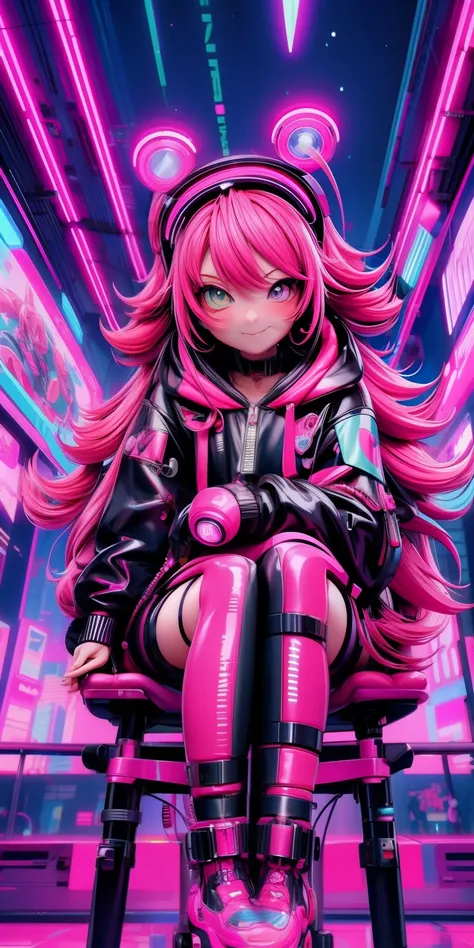 anime girl with pink hair sitting on a chair in a neon city, long curly hair, cyberpunk anime girl in hoodie, cyberpunk anime girl, anime style 4 k, anime cyberpunk art, best anime 4k konachan wallpaper, digital cyberpunk anime art, female cyberpunk anime ...