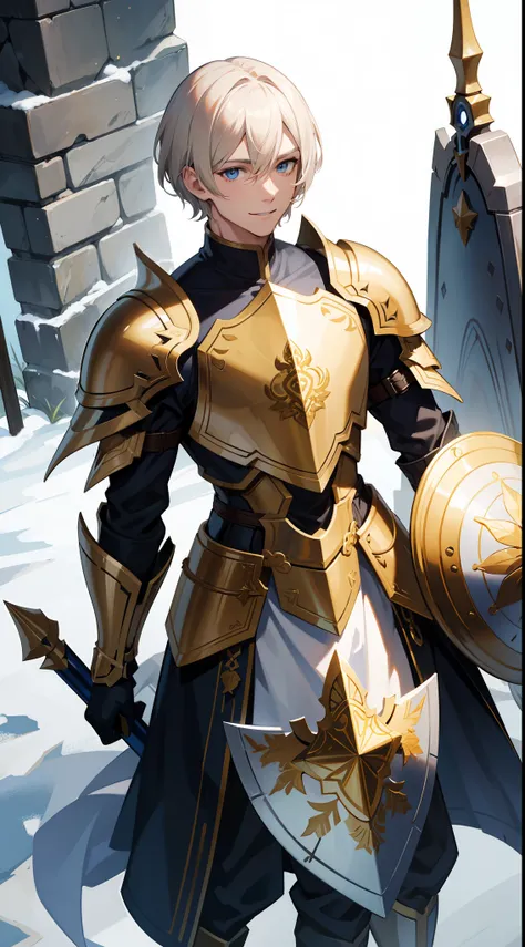 adult man, Blonde hair in a bob, blue eyes, Smile, Beautiful white armor with gold elements, paladin, hammer, shield, Masterpiece, hiquality, 4k, HD, Good detail