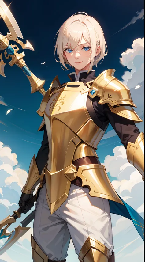 adult man, Blonde hair in a bob, blue eyes, Smile, Beautiful white armor with gold elements, paladin, hammer, shield, Masterpiece, hiquality, 4k, HD, Good detail