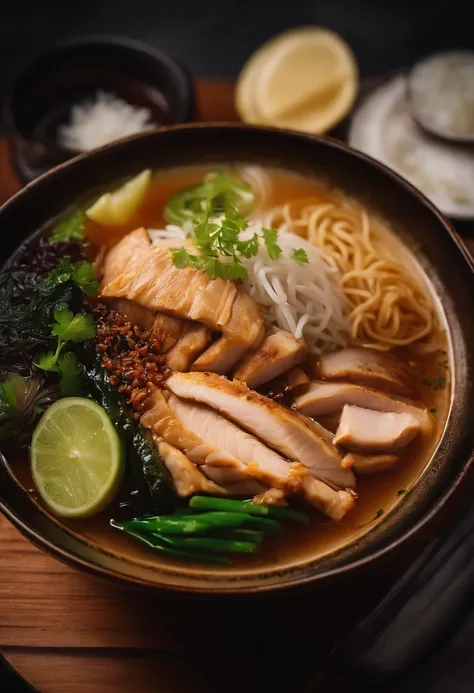 Shoi ramen with Chicken, salt, fish, vegetable, or pork stock, photograpic shot, with different table background style, with smoking, neon style