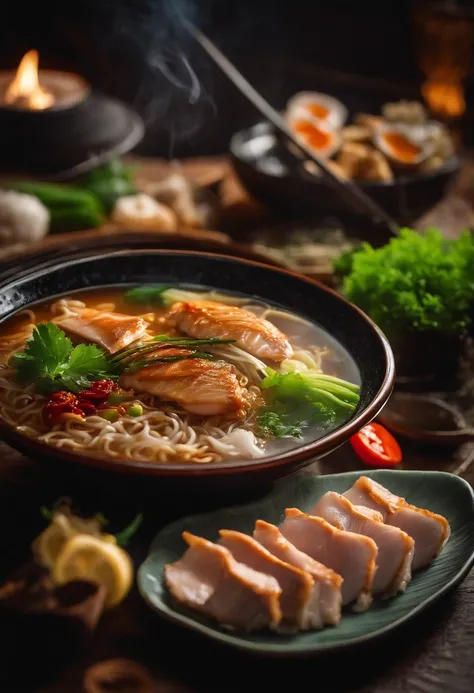 Shoi ramen with Chicken, salt, fish, vegetable, or pork stock, photograpic shot, with different table background style, with smoking, neon style