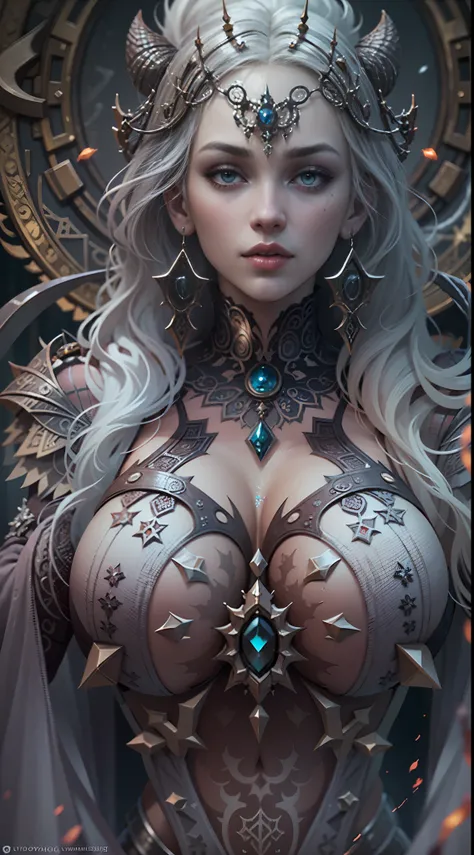 Satanic priestess Concept art portrait,Emilia Clarke,gigantic breasts, Olga Kvasha, Miho Hirano, hyperdetailed intricately detailed gothic art trending on Artstation triadic colors, textured skin, cold skin pores, Unreal Engine 5 detailed matte painting, d...