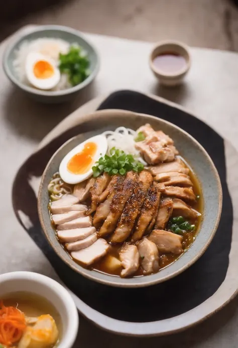 Shoi ramen with Chicken, salt, fish, vegetable, or pork stock, photograpic shot, with different table background style, with smoking, neon style