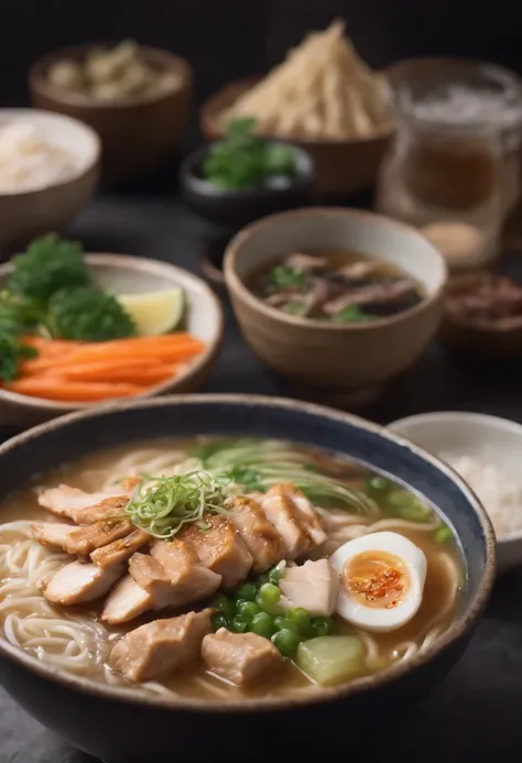 Shoi ramen with Chicken, salt, fish, vegetable, or pork stock, photograpic shot, with different table background style, with smoking, neon style